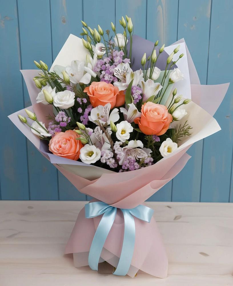 Букет цветов из: Лизиантусы, Розы, Альстромерии и Гипсофила в Псотино