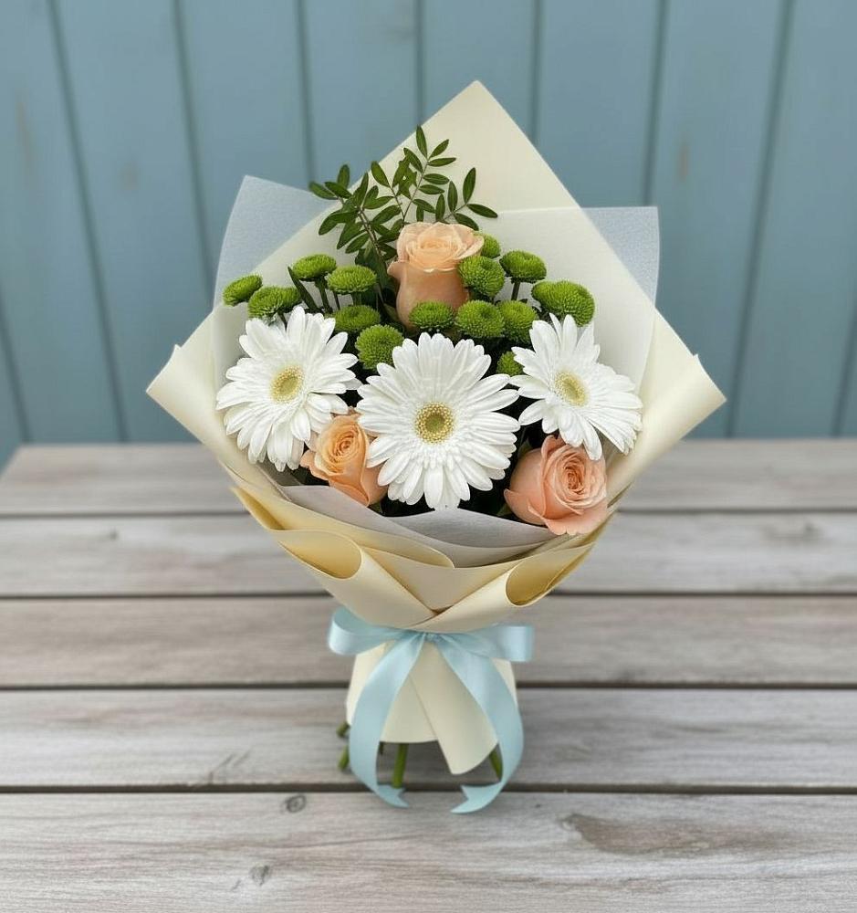 Букет цветов из: Герберы, Розы и Хризантемы в Псотино