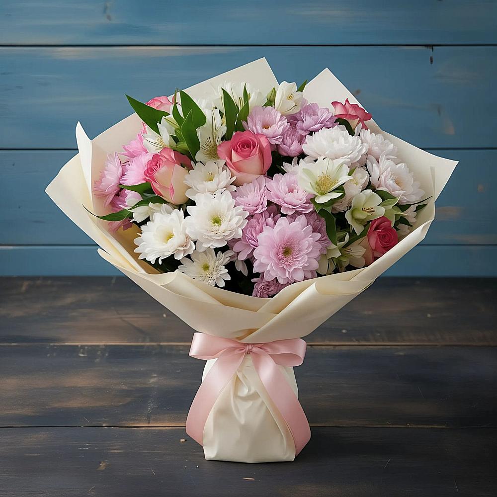 Букет цветов из: Хризантемы, Альстромерии и Розы в Псотино